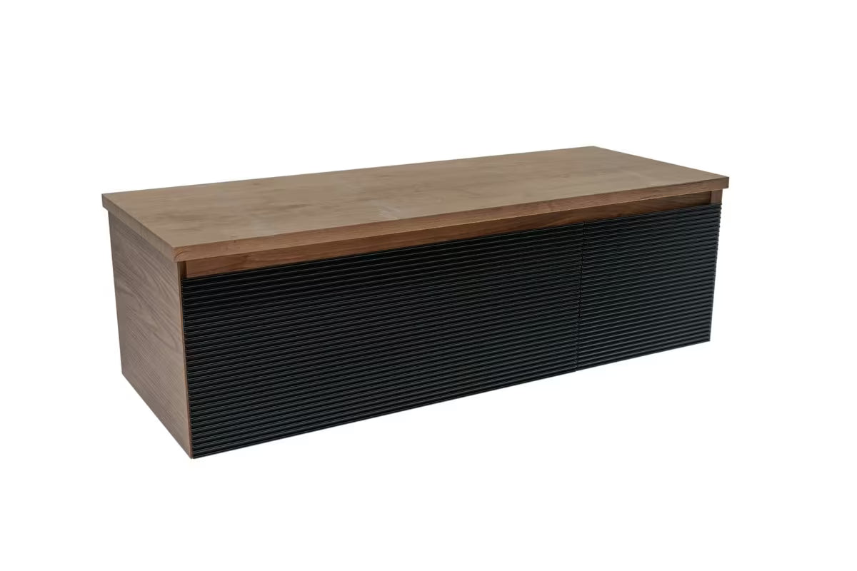 Viseća kupaonski ormarić Naturel Monza s pokrovnom pločom u dekoru oraha i s crnim rebrastim frontama