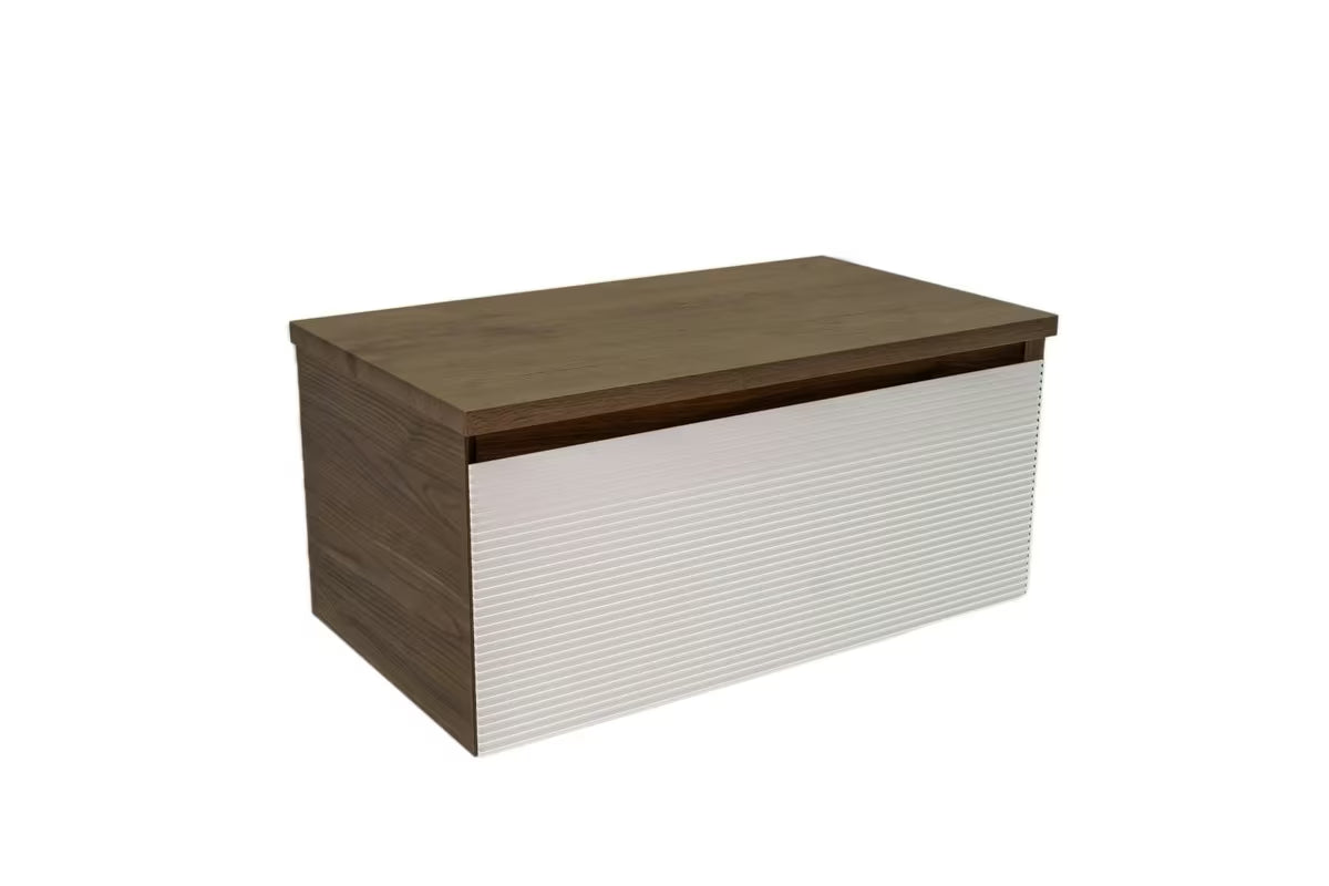 Viseća kupaonski ormarić Naturel Monza s pokrovnom pločom u dekoru oraha i s bijelim rebrastim frontama