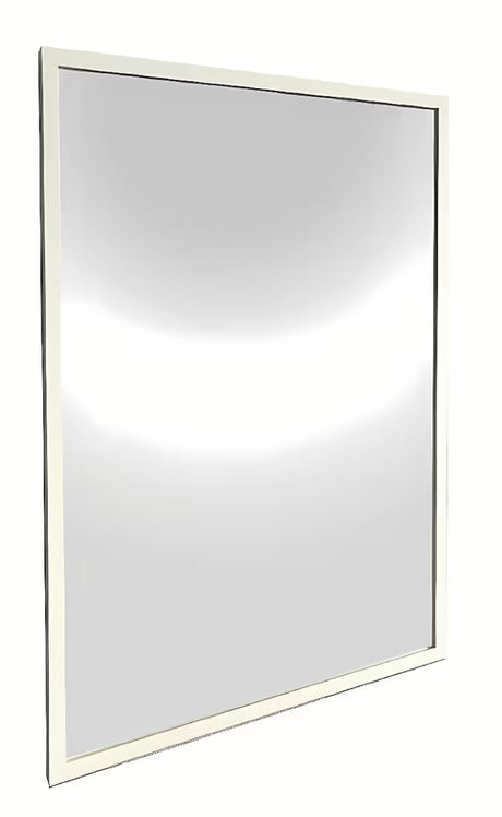 Kupaonsko ogledalo s bijelim aluminijskim okvirom, prikladno pro za okomito i vodoravno vješanje, 60 x 80 cm.
