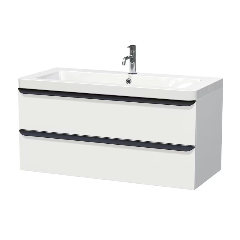 Viseća kupaonski ormarić s umivaonikom Naturel Pavia u mat bijeloj boji s crnom mat ručkicom.