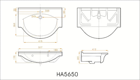 Bijeli keramički umivaonik za kupaonski ormarić Naturel Pro 52 x 41 cm s otvorom za pro slavinu u sredini.