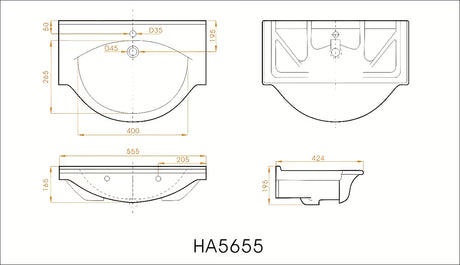 Sjajni bijeli umivaonik za kupaonski ormarić Naturel Pro 56 x 42 cm od keramike s otvorom pro za slavinu u sredini.