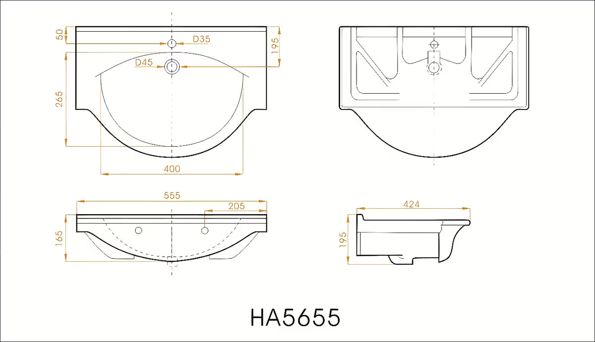Sjajni bijeli umivaonik za kupaonski ormarić Naturel Pro 56 x 42 cm od keramike s otvorom pro za slavinu u sredini.