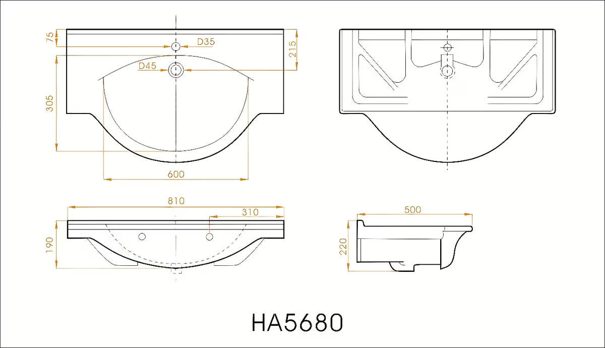 Bijeli keramički umivaonik za kupaonski ormarić Naturel Pro 81 x 50 cm s otvorom pro za slavinu u sredini