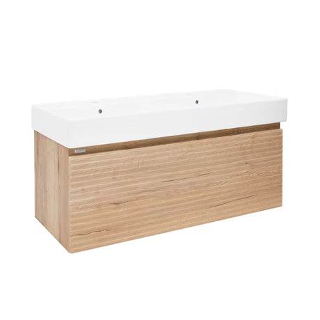 Viseća kupaonski ormarić Naturel Savona s keramičkim dvostrukim umivaonikom u dekoru hrasta halifax