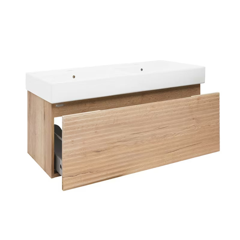 Viseća kupaonski ormarić Naturel Savona s keramičkim dvostrukim umivaonikom u dekoru hrasta halifax