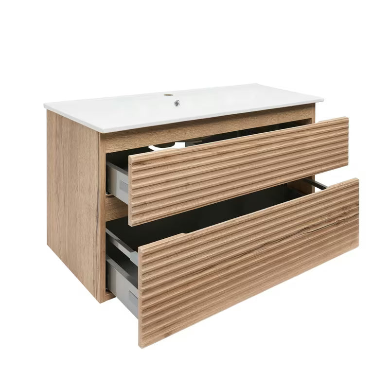 Viseća kupaonski ormarić Naturel Savona s keramičkim umivaonikom u dekoru hrasta halifax