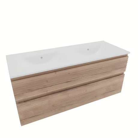 Viseća kupaonski ormarić Naturel Savona s keramičkim dvostrukim umivaonikom u dekoru hrasta Halifax.