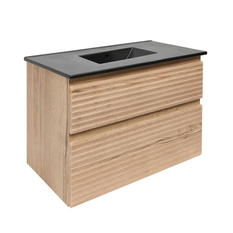 Viseća kupaonski ormarić Naturel Savona s keramičkim umivaonikom u dekoru hrasta halifax i dvije ladice.