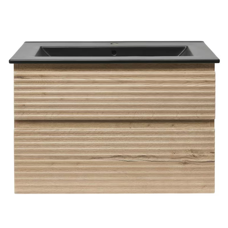 Viseća kupaonski ormarić Naturel Savona s keramičkim umivaonikom u dekoru hrasta halifax i dvije ladice.