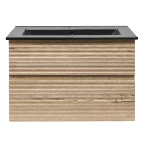 Viseća kupaonski ormarić Naturel Savona s keramičkim umivaonikom u dekoru hrasta halifax i dvije ladice.