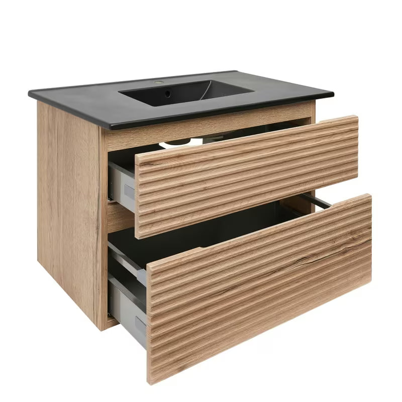 Viseća kupaonski ormarić Naturel Savona s keramičkim umivaonikom u dekoru hrasta halifax i dvije ladice.