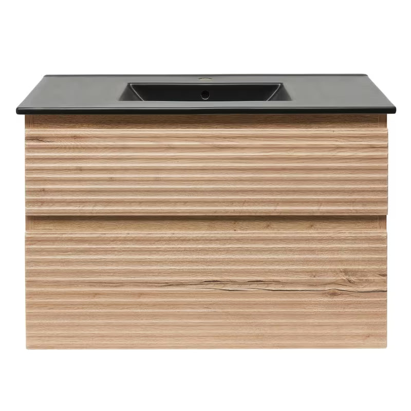 Viseća kupaonski ormarić Naturel Savona s keramičkim umivaonikom u dekoru hrasta halifax i dvije ladice.