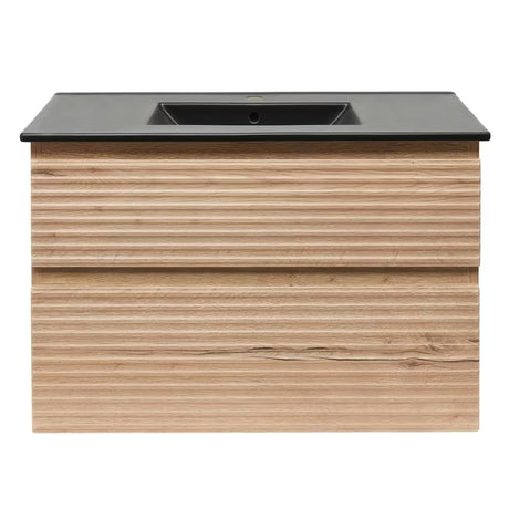 Viseća kupaonski ormarić Naturel Savona s keramičkim umivaonikom u dekoru hrasta halifax i dvije ladice.