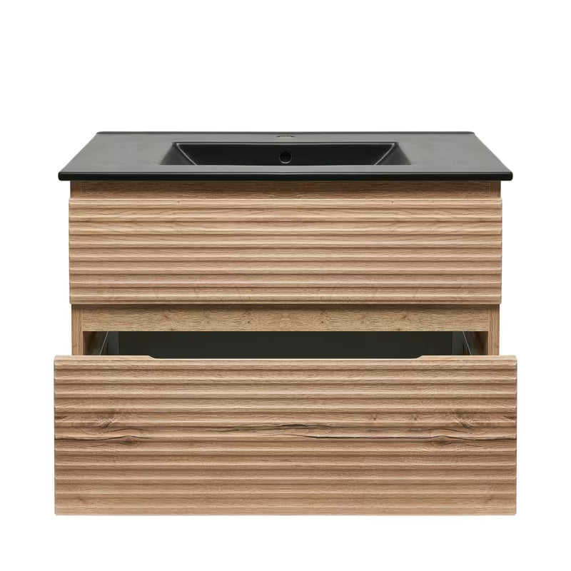 Viseća kupaonski ormarić Naturel Savona s keramičkim umivaonikom u dekoru hrasta halifax i dvije ladice.