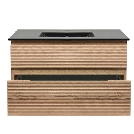 Viseća kupaonski ormarić Naturel Savona s keramičkim umivaonikom u dekoru hrasta halifax i dvije ladice.