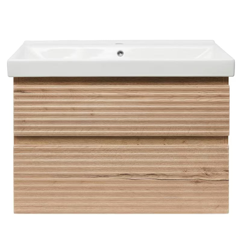 Viseća kupaonski ormarić Naturel Savona s keramičkim umivaonikom u dekoru hrasta halifax mat