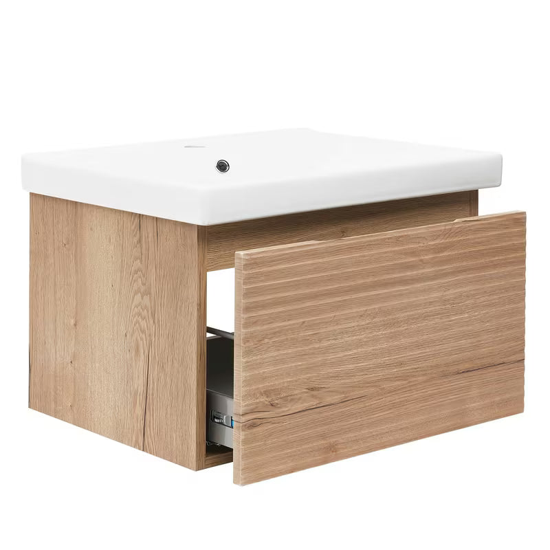 Viseća kupaonski ormarić Naturel Savona s keramičkim umivaonikom u dekoru hrast halifax mat