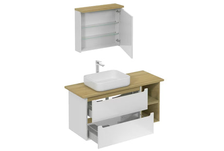 Kupaonski set Naturel Stilla u bijelom sjaju s umivaonikom na ploču i elementima u dekoru bukve tartuf