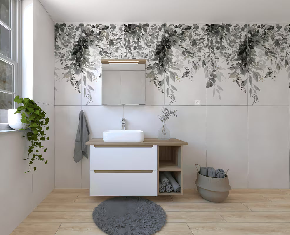 Kupaonski set Naturel Stilla u bijelom sjaju s umivaonikom na ploču i elementima u dekoru bukve tartuf