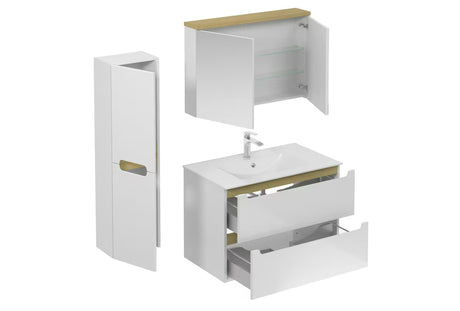 Kupaonski set Naturel Stilla u bijelom sjaju s visećim ormarićem, umivaonikom i ormarićem s ogledalom.