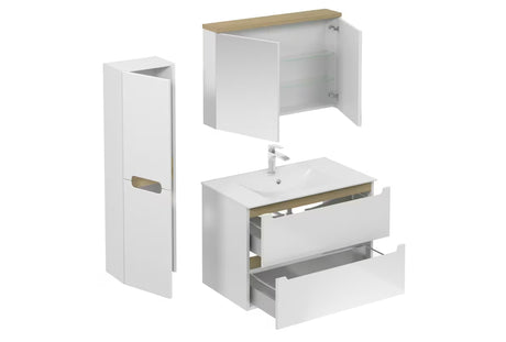 Kupaonski set Naturel Stilla u bijelom sjaju s visećim ormarićem, umivaonikom i ormarićem s ogledalom.