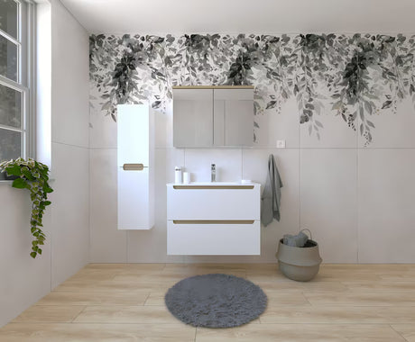 Kupaonski set Naturel Stilla u bijelom sjaju s visećim ormarićem, umivaonikom i ormarićem s ogledalom.