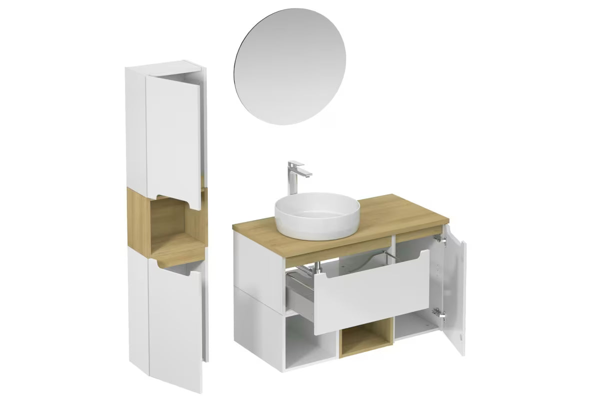 Kupaonski set Naturel Stilla u bijelom sjaju s umivaonikom na ploču i elementima u boji bukve tartuf.