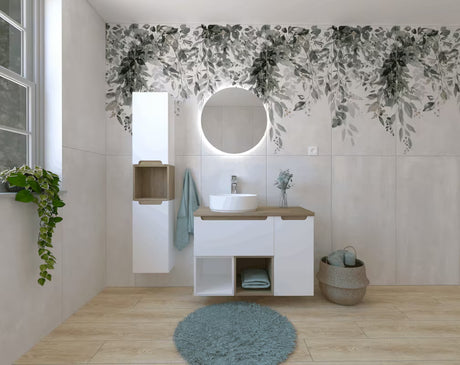 Kupaonski set Naturel Stilla u bijelom sjaju s umivaonikom na ploču i elementima u boji bukve tartuf.