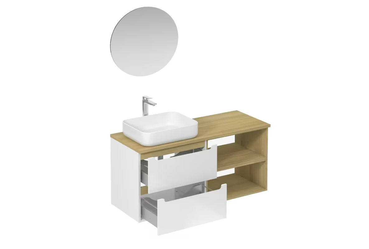 Kupaonski set Naturel Stilla u bijelom sjaju s umivaonikom na ploču i elementima u dekoru bukve tartuf.