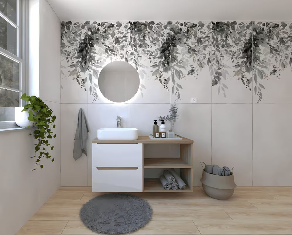 Kupaonski set Naturel Stilla u bijelom sjaju s umivaonikom na ploču i elementima u dekoru bukve tartuf.