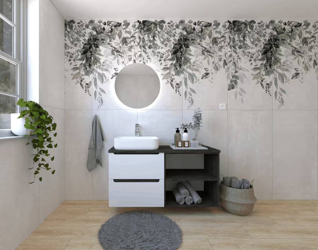 Kupaonski set Naturel Stilla u bijelom sjaju s umivaonikom na ploču i elementima u dekoru crnog betona.