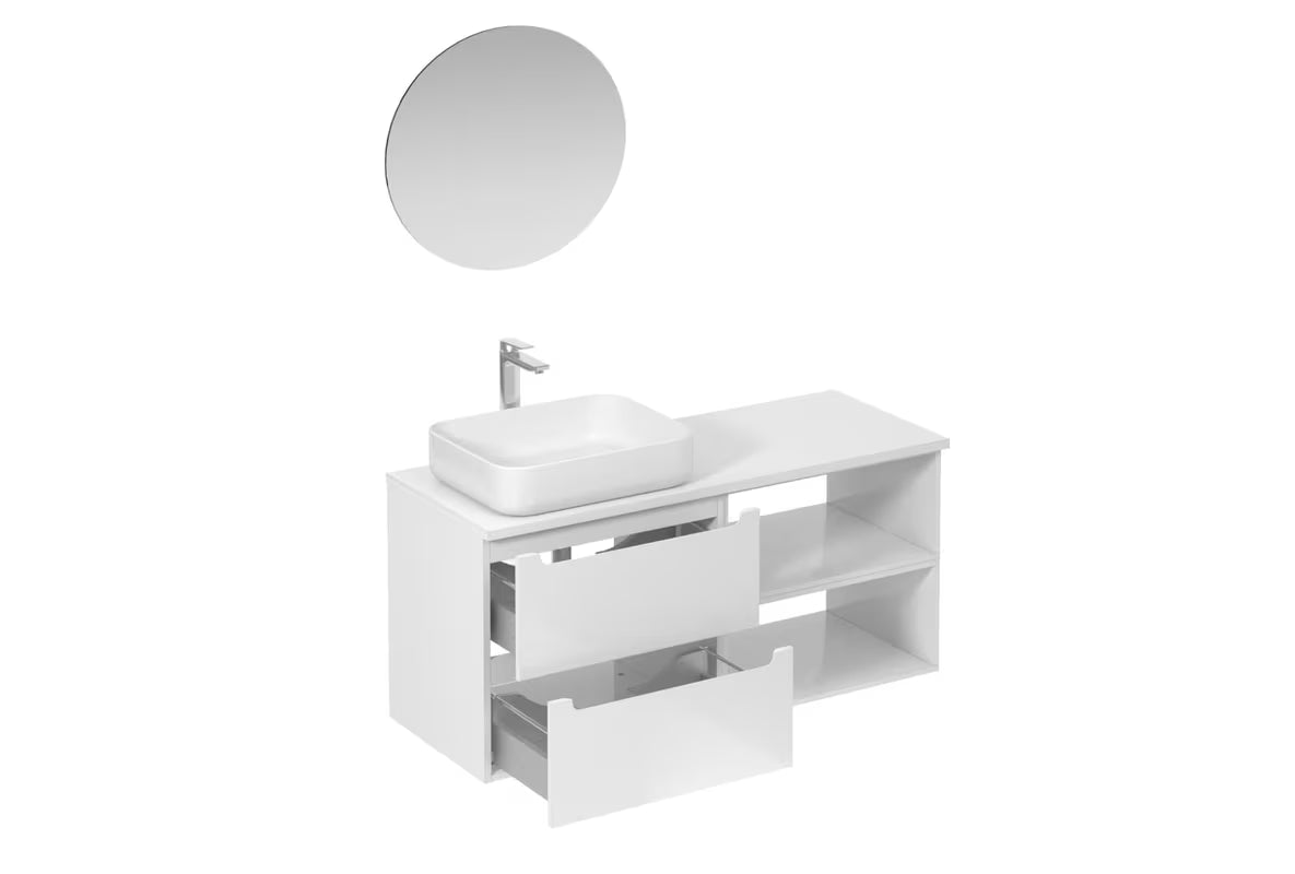 Bijela kupaonski set Naturel Stilla u sjajnoj izvedbi s umivaonikom na ploču i ogledalom s LED osvjetljenjem