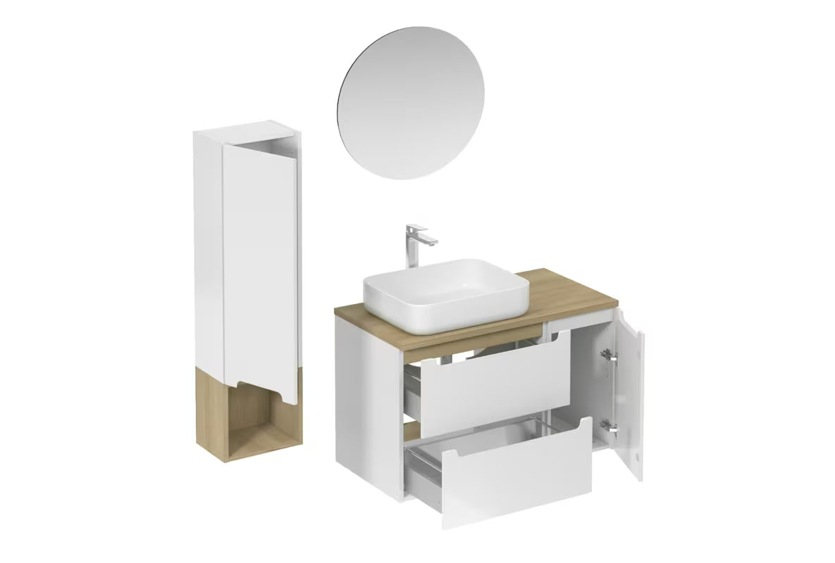 Kupaonski set Naturel Stilla u sjajno bijeloj izvedbi s umivaonikom i elementima u dekoru tartuf bukve