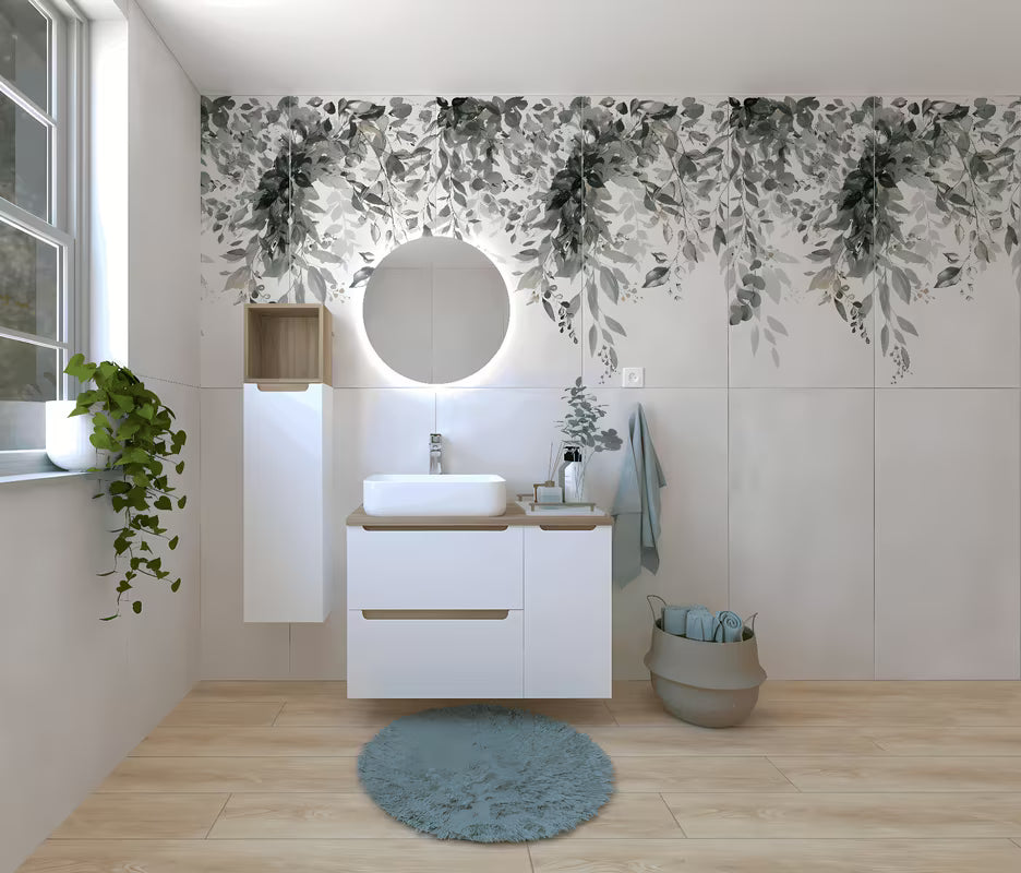 Kupaonski set Naturel Stilla u sjajno bijeloj izvedbi s umivaonikom i elementima u dekoru tartuf bukve