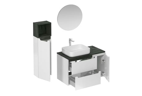 Kupaonski set Naturel Stilla u sjajno bijeloj izvedbi s umivaonikom na ploču i elementima u dekoru crnog betona.