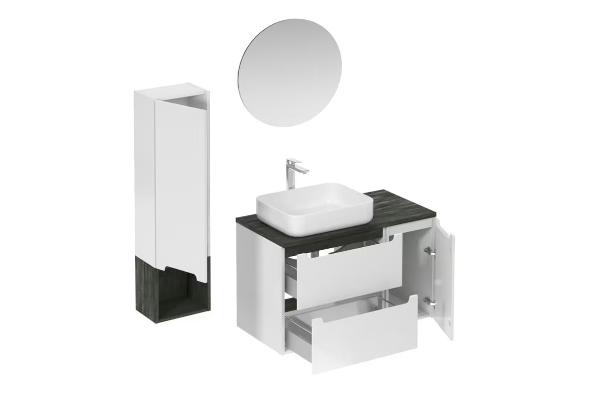 Kupaonski set Naturel Stilla u sjajno bijeloj izvedbi s umivaonikom na ploču i elementima u dekoru crnog betona.