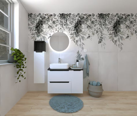 Kupaonski set Naturel Stilla u sjajno bijeloj izvedbi s umivaonikom na ploču i elementima u dekoru crnog betona.