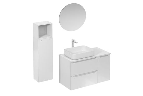 Kupaonski set Naturel Stilla u sjajno bijeloj izvedbi s umivaonikom na ploču i ogledalom s LED osvjetljenjem.