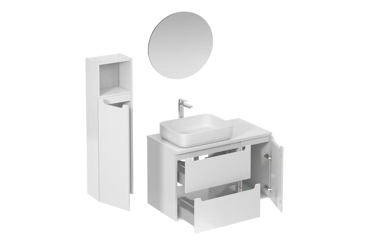 Kupaonski set Naturel Stilla u sjajno bijeloj izvedbi s umivaonikom na ploču i ogledalom s LED osvjetljenjem.