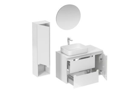 Kupaonski set Naturel Stilla u sjajno bijeloj izvedbi s umivaonikom na ploču i ogledalom s LED osvjetljenjem.