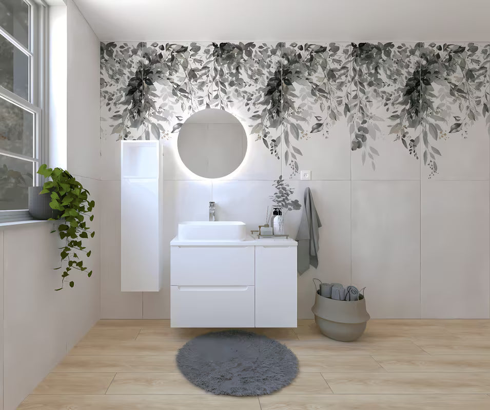 Kupaonski set Naturel Stilla u sjajno bijeloj izvedbi s umivaonikom na ploču i ogledalom s LED osvjetljenjem.