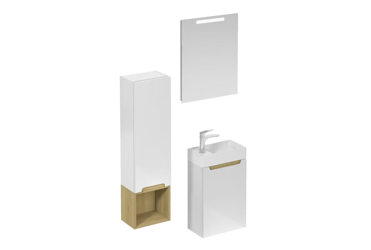 Kupaonski set Naturel Stilla u sjajno bijeloj boji s elementima u dekoru bukve tartuf s umivaonikom i ogledalom