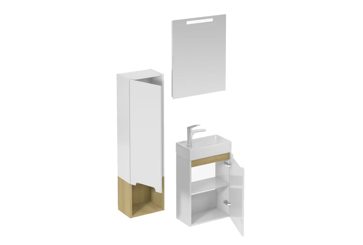 Kupaonski set Naturel Stilla u sjajno bijeloj boji s elementima u dekoru bukve tartuf s umivaonikom i ogledalom