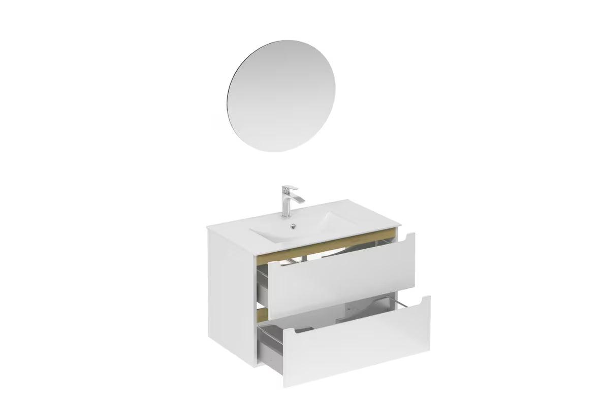 Kupaonski set Naturel Stilla u sjajno bijeloj boji s ormarićem s umivaonikom i ogledalom s LED osvjetljenjem.