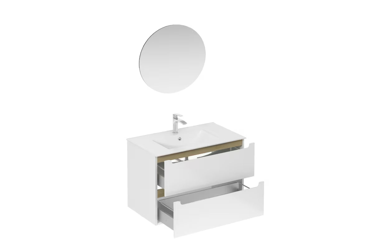 Kupaonski set Naturel Stilla u sjajno bijeloj boji s ormarićem s umivaonikom i ogledalom s LED osvjetljenjem.