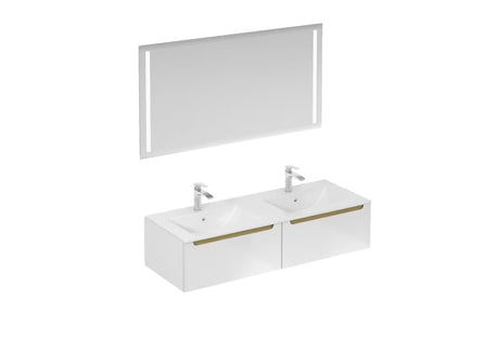 Kupaonski set Naturel Stilla u sjajno bijeloj boji s dvostrukim umivaonikom i ogledalom s LED osvjetljenjem.