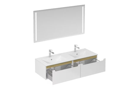 Kupaonski set Naturel Stilla u sjajno bijeloj boji s dvostrukim umivaonikom i ogledalom s LED osvjetljenjem.