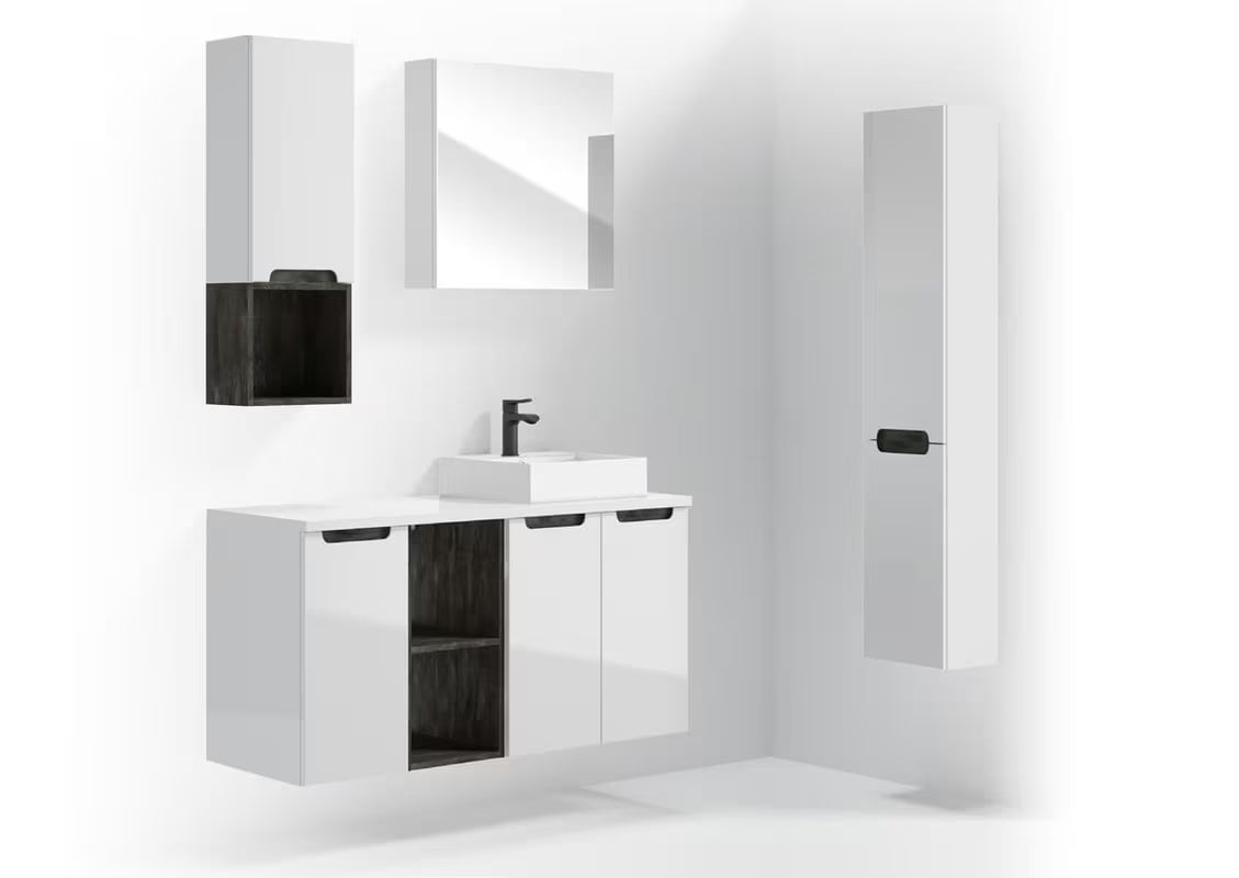 Bijeli viseća kupaonski ormarić Naturel Stilla s keramičkim umivaonikom Modena M6046