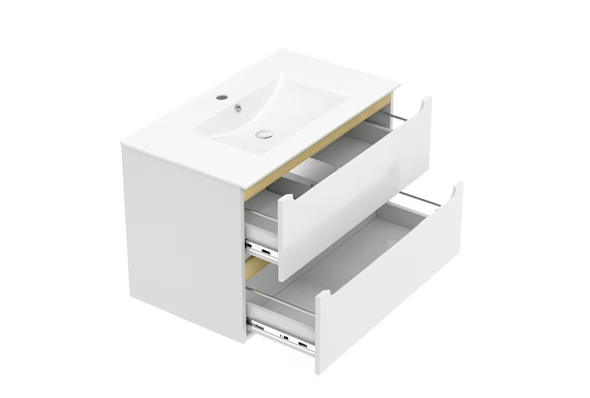 Bijeli viseća kupaonski ormarić Naturel Stilla s dvije ladice i umivaonikom Modena M8046